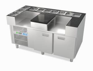 стол охлаждаемый со2/g 1500*800*850 хот-дог станция, 2 ниши под плиты, гранит. для общепит