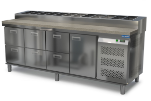 стол охлаждаемый с горкой для пиццы gn 1/6 (боковой агрегат) 2300*700*850(990) 1 дверь, 6 ящиков, ка для общепит
