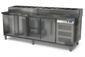 стол охлаждаемый с горкой для пиццы gn 1/3 (боковой агрегат) 2300*700*850(990) 3 двери, 2 ящика для общепит