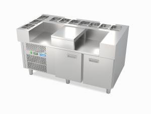 стол охлаждаемый со2/g 1500*800*850 хот-дог станция, 2 ниши под плиты, без гранита. для общепит