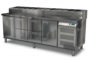 стол охлаждаемый с горкой для пиццы gn 1/3 (боковой агрегат) 2300*700*850(990) 2 двери, 4 ящика для общепит