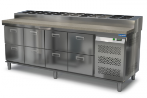 стол охлаждаемый с горкой для пиццы gn 1/3 (боковой агрегат) 2300*700*850(990) 8 ящиков, камень для общепит