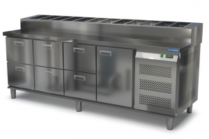 стол охлаждаемый с горкой для пиццы gn 1/3 (боковой агрегат) 2300*700*850(990) 1 дверь, 6 ящиков для общепит