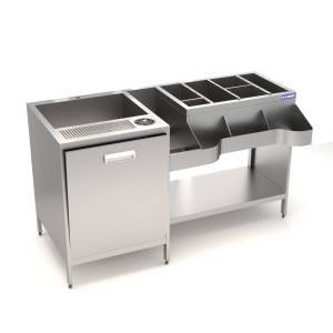 барная станция 1600*500(700)*900 1 рейл, омыватель д/стаканов, откидной бункер, мойка слева для общепит